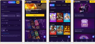 SpinBet mobile app UI showing registration, casino games, sports betting, and bonus promotions